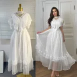 Elegant Vintage White Lace Panel Maxi Dress Lightweight Flowing Summer Style Perfect for Parties and Special Occasions