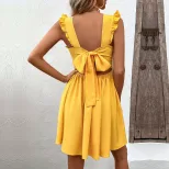 Summer Womens Beach Dress Sexy Backless Waist Cinching Flared Sleeveless Perfect for Vacation or