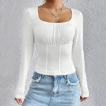 Slim Fit Long Sleeve T Shirt Square Neck Solid Color Casual Style Spring Summer Collection Whole