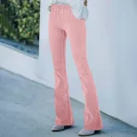 High Waisted Corduroy Slim Fit Flare Pants Solid Color Elastic Waist Casual Style Spring Summer