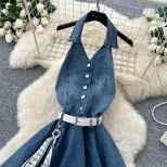 Sleeveless Summer Dress for Women Blue Ruffled Cake Style Casual Vacation Wear