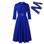 Plus Size Womens Dress Autumn Collection Stylish Lapel Design Solid Color Flared Skirt Wholesale