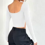 Slim Fit Long Sleeve T Shirt V Neck Side Slit Sexy Design Autumn Winter Womens Fashion Wholesale