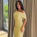 Slim Fit Solid Color Long Bodycon Dress with Asymmetrical Design Off Shoulder Neckline Split Det