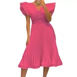 Womens V Neck Pleated Dress with Flutter Sleeves Elegant Design Belt Included Perfect for Partie