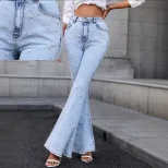 Womens Stretchy Flared Pearl Studded Denim Jeans Versatile Casual Style Perfect for Everyday Wea
