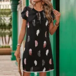 Summer Floral Print Dress Lace Panel Feather Design Straight Silhouette Casual Wear for Women Wh