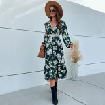 High End Womens Dress Green Floral Print V Neck Long Sleeve Spring Fall Fashion Wholesale Availa