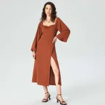 Elegant Midi Dress Square Neck Split Hem Autumn Winter French Style Perfect for Sophisticated Oc