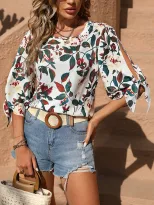 Casual Leaf Print Top Bow Tie Detail Mid Sleeve Stylish Design Perfect for Spring Summer Ready t