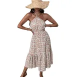 Floral Print Halter Dress Elegant Slim Fit Summer Style Perfect for Vacations and Casual Outings