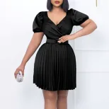 Summer Womens Dress V Neck Pleated Waist Defined Elegant Casual Style for Parties or Events Whol