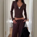 欧美ins风拉链连帽卫衣套装女秋季新款紧身上衣+宽松休闲裤两件套