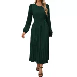 Elegant Long Sleeve Pleated Dress in Dark Green and Navy Blue for Autumn Office Wear Wholesale Low MOQ