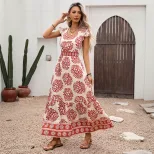 Vintage Inspired Geometric Floral Print Dress Summer Collection Waist Defined Elegant Style Whol