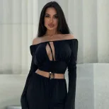 Womens Long Sleeve Off Shoulder Crop Top Solid Color Hollow Out Lace Up Design Trendy Autumn Fas