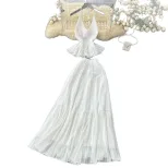 White Summer Vacation Set for Women Lace Trim Halter Neck Top and Chiffon Skirt Casual Beachwear