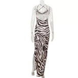 Summer Fashion Tiger Print Backless Mesh Spliced Maxi Dress High Slit Casual Beachwear Wholesale