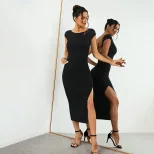 Black Short Sleeve Bodycon Dress Slim Fit Round Neck Side Slit Summer Casual Wear for Women Whol