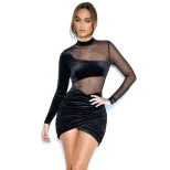 Womens Velvet Bodycon Dress Sheer Mesh Panel Ruched Design Long Sleeve Autumn Fashion for Partie