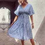 Blue Floral Print V Neck Summer Dress for Women Fresh and Sweet Style Available in Multiple Sizes Wholesale Supply
