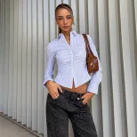 Womens Striped Long Sleeve Polo Cardigan Button Closure Elegant Design Fall Fashion Wholesale Av