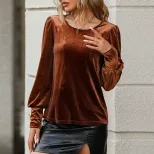 Velvet Long Sleeve Top Elegant Round Neck Button Detail Slim Fit Autumn Winter Fashion for Women