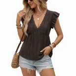 Casual V Neck Top Soft Solid Color Lace Trim Flutter Sleeves Perfect for Vacation or Everyday We
