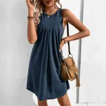 Summer A Line Dress Wrinkled Fabric Casual Style Solid Color Perfect for Everyday Wear Wholesale