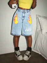 Fashionable Womens Denim Shorts Flame Print Letter Design Casual Style Available for Wholesale