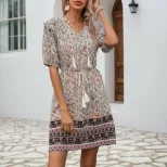 Vintage Bohemian Floral Maxi Dress Slim Fit V Neck Tassel Detail Perfect for Summer Events Whole