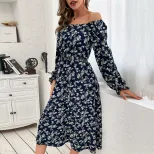 Blue Floral Off Shoulder Dress Long Sleeve Stylish Autumn Fashion Wholesale Available private la
