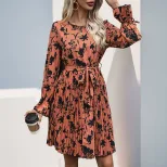 Vintage Floral Print Pleated Dress Long Sleeve Autumn Style Elegant Design Perfect for Dates Who