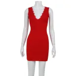 Sexy Womens Dress V Neck Sleeveless High Waist Lace Trim Bodycon Style for Parties and Events Wh