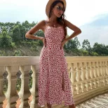 Elegant Floral Print Slip Dress Slim Fit Spaghetti Straps Side Slit Summer Occasion Wholesale Av