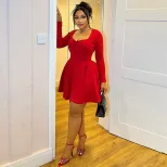 Fashionable Womens A Line Dress Long Sleeve Ruched Waist Solid Color Ideal for Dates and Casual