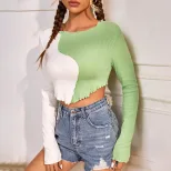 Color Blocked Slim Fit Long Sleeve T Shirt Womens Fashion Top Versatile Casual Wear Ready to Shi