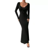 Elegant Long Sleeve Bodycon Dress with Deep U Neck and Front Tie Sexy Slim Fit Chic Style for Ev