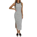 Sleeveless Knitted Bodycon Dress Striped Minimalist Design Side Slit Summer Casual Wear Wholesal