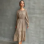 Leopard Print Long Sleeve Maxi Dress Round Neck Fashionable Autumn Winter Wholesale Available