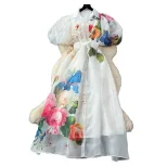 Elegant Womens Summer Dress with Floral Print Lantern Sleeves and Waist Tie in White Apricot and Blue for Casual Occasions