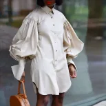 Plus Size Womens Casual Long Sleeve Shirt Dress Loose Fit Solid Color Puff Sleeves Everyday Wear
