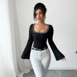 Black Square Neck Long Sleeve T Shirt for Women with Pearl Decor and Flared Sleeves Slim Fit for Casual Wear Wholesale