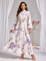 Modelyn Women s Floral Print Stand Collar Lantern Sleeve Ruf