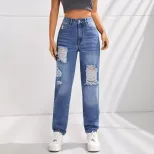 Womens Casual Slim Fit Ripped Straight Leg Jeans Comfortable Denim Fabric Perfect for Everyday W