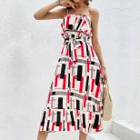 Elegant Ruffled Hem Geometric Print Maxi Dress Colorful Trendy Sleeveless Perfect for Summer Eve