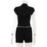 Fashionable Womens Two Piece Set Slim Fit Top with Hidden Buttons Solid Color Shorts Casual Summ