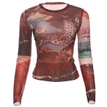 Fashionable Womens Long Sleeve T Shirt Black Mesh Floral Print Round Neck Spring Summer Style Wh