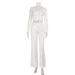 Floral Print Two Piece Set Lace Trim Long Sleeve Comfortable Fabric Casual Wear for Young Women