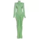 High Neck Long Sleeve Bodycon Dress Solid Color Ruffled Design Elegant Style Autumn Winter Fashi